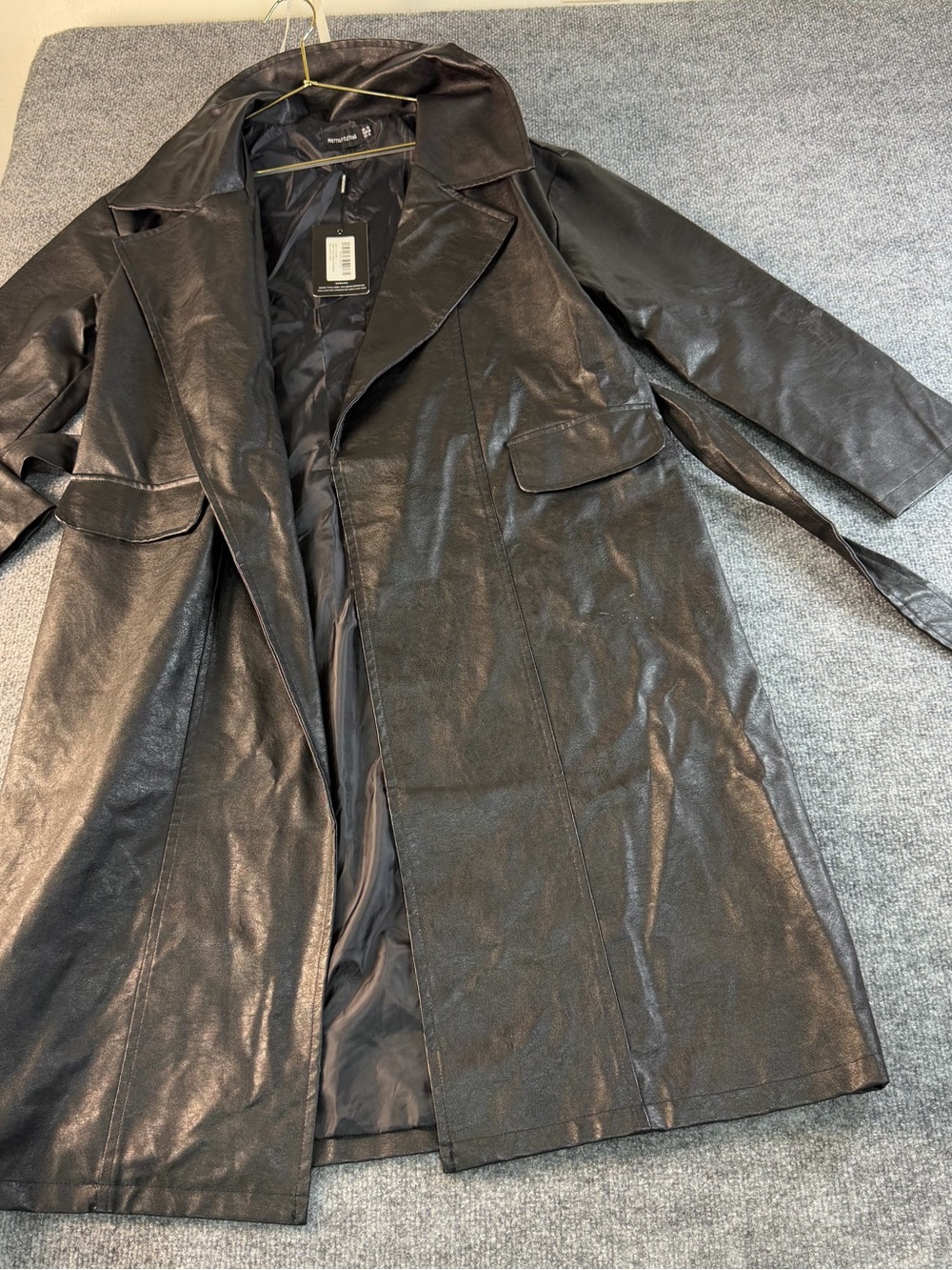 NWT PrettyLittleThing Faux Leather Trench Coat Black 6